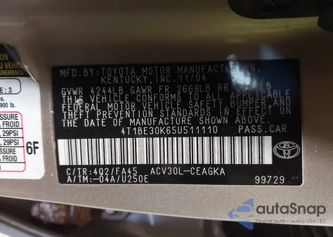 2005 Toyota Camry Xle из США, поврежденный, VIN 4T1BE30K65U511110